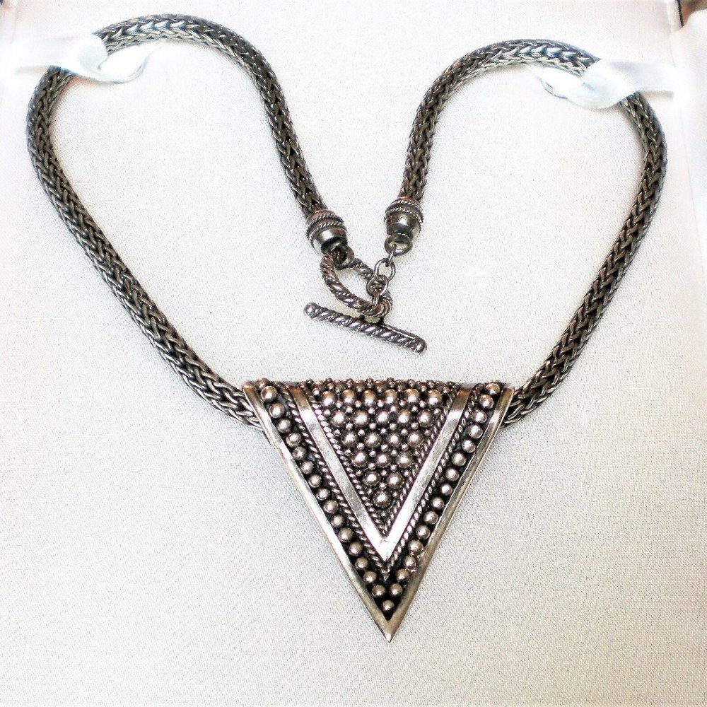 Indonesia Designer Sterling Silver Triangle Pendant Wheat Necklace Chain 101 g. - Picture 3 of 9